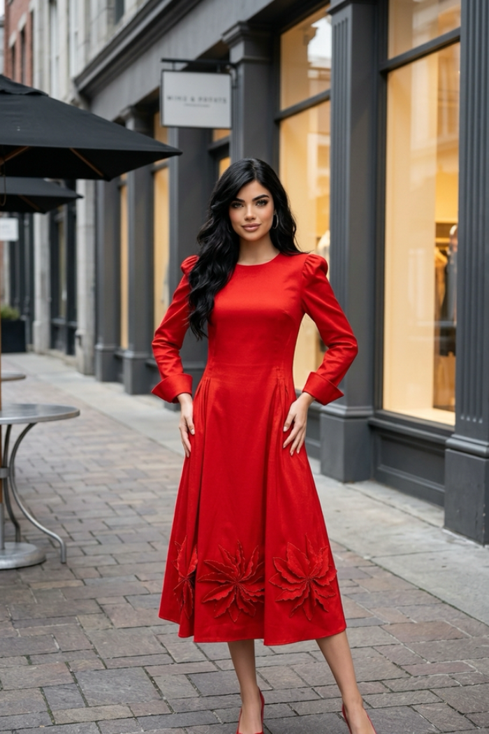 Long Sleeve Dress 3D Flower Hem